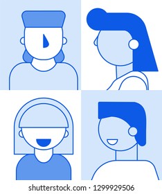 Monochrome flat cartoon characters geometric style people avatars set,web online social network concept.Modern geometry character head faces portraits for media design,web page profile,forum,chat use