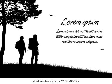 Monochrome flat design illustration with realistic silhouettes of two tourists, a man and a woman. Landscape with trees, flying birds and text - vector