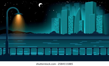 Monochrome flat design mountain night landscape. Skyscrapers of the metropolis near the river against the backdrop of the night sky with the moon, stars, clouds, flying birds. Vector.