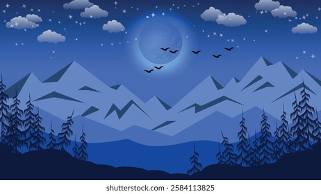 Monochrome flat design mountain night landscape. A beautiful illustration for interior decoration, corporate designs, blogs, postcards, posters and your other projects. Vector. 