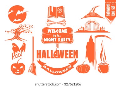 Monochrome flat icon set for Halloween night party. Vector illustration.