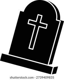 Monochrome flat icon of a tombstone with a cross The tombstone is a solid black fill with no stroke The cross is represented as a white stroke in the upper center of the tombstone The tombstone consists of a rectangular base a rectangular main body and a semicircular top The base is wider than the body The entire icon is placed on a 1 1 square layout and centered The background is white The icon has sharp edges