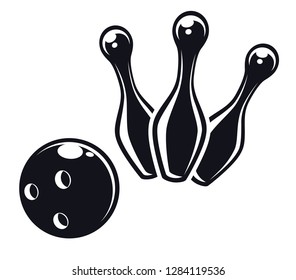 Monochrome flat icons, bowling skittles with ball. Vector illustration, isolated on white background. Sport games. Simple shape for design logo, emblem, symbol, sign, badge, label, stamp.