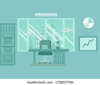 Monochrome flat office clipart with a view of the metropolis