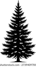 Monochrome flat solid icon of a pine tree The icon features a symmetrical pyramidal tree silhouette with dense layered branches that decrease in size from bottom to top The branches are composed of sharp triangular clusters forming a textured edge The tree trunk is short and thick transitioning smoothly into the root base The overall composition is centered on a 1 1 square layout with a clean high contrast appearance against a white background and even padding