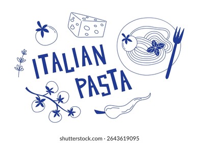 Monochrome Flat Style Illustration of Italian Spaghetti with Mediterranean Ingredients Around on White Background