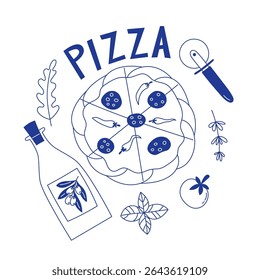 Monochrome Flat Style Illustration of Mediterranean Pizza with Ingredients Around on White Background