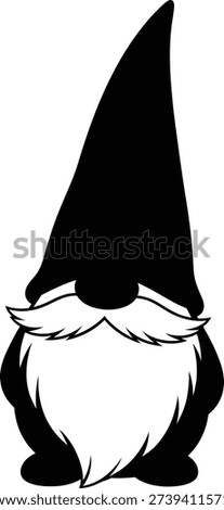 Monochrome flat vector icon of a gnome The gnome has a tall pointed hat that is solid black and has a curved tip Below the hat the gnome has a mustache