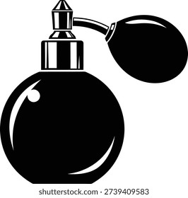 Monochrome flat vector icon of a perfume atomizer with a bulb The perfume bottle is a sphere with a flat bottom The atomizer head is cylindrical with tiered details The bulb is tear shaped and connected to the bottle via a curved tube The icon features a solid black fill no stroke even padding and a centered composition in a 1 1 square layout against a white background