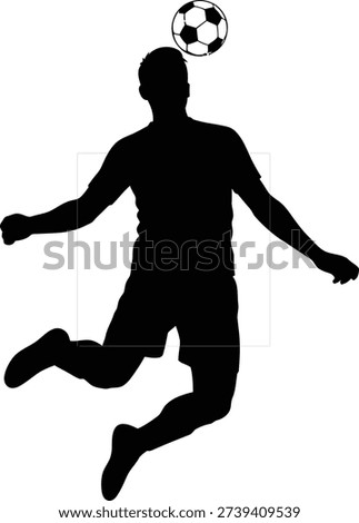 Monochrome flat vector icon of a soccer player in a jumping pose heading a soccer ball The icon features a solid black fill with no outline or gradient set against a white background The figure is centered within a 1 1 square layout The soccer player is depicted mid air with arms outstretched and legs positioned as if in a jump The soccer ball is placed directly above the players head The overall composition is clean balanced and high contrast