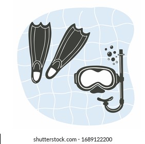 Monochrome flippers isolated on white background vector. Mask for diving, snorkel and a pair of gray lappers. Howlers, scuba mask and snorkel. Diving equipment objects. Ready emblem logo for print.