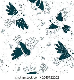 Monochrome flock of birds  - vector seamless pattern. Loop pattern for fabric, textile, wallpaper, posters, gift wrapping paper, napkins, tablecloths. Print for kids, children. Children's pattern