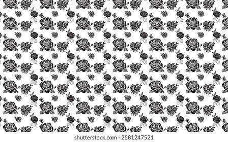 Monochrome Floral Arrangement Pattern Featuring Abstract Roses and Butterfly Accents in a Repeating Design Perfect for Textiles and Backgrounds