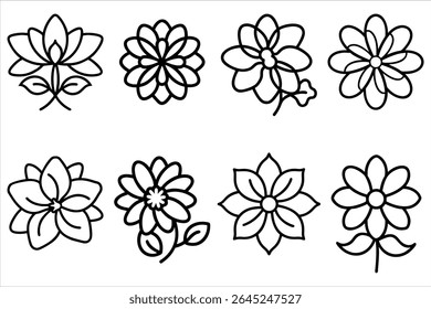 Monochrome Floral Assortment Artistic Botanical Outlines of Various Flower Types in a Row for Creative Projects and Design