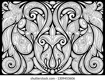 Monochrome Floral Background in Paisley Garden Indian Style. Decorative Composition with Flowers. Natural Doodle Motifs. Coloring Book Page. Vector Contour Illustration. Abstract Ornate Art