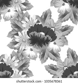 monochrome floral background. Seamless pattern for your designs, greeting cards, greeting cards, invitation cards for wedding, birthday, party, Valentine's day. Vector illustration.