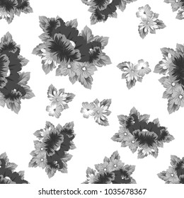 monochrome floral background. Seamless pattern for your designs, greeting cards, greeting cards, invitation cards for wedding, birthday, party, Valentine's day. Vector illustration.