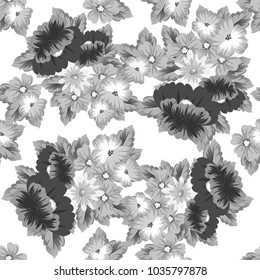 monochrome floral background. Seamless pattern for your designs, greeting cards, greeting cards, invitation cards for wedding, birthday, party, Valentine's day. Vector illustration.