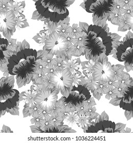monochrome floral background. Seamless pattern for your designs, greeting cards, greeting cards, invitation cards for wedding, birthday, party, Valentine's day. Vector illustration.