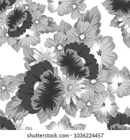 monochrome floral background. Seamless pattern for your designs, greeting cards, greeting cards, invitation cards for wedding, birthday, party, Valentine's day. Vector illustration.