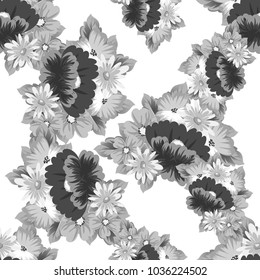 monochrome floral background. Seamless pattern for your designs, greeting cards, greeting cards, invitation cards for wedding, birthday, party, Valentine's day. Vector illustration.
