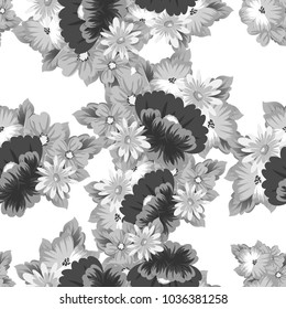 monochrome floral background. Seamless pattern for your designs, greeting cards, greeting cards, invitation cards for wedding, birthday, party, Valentine's day. Vector illustration.