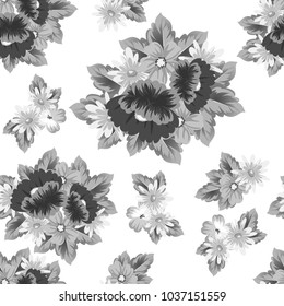 monochrome floral background. Seamless pattern for your designs, greeting cards, greeting cards, invitation cards for wedding, birthday, party, Valentine's day. Vector illustration.