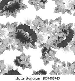 monochrome floral background. Seamless pattern for your designs, greeting cards, greeting cards, invitation cards for wedding, birthday, party, Valentine's day. Vector illustration.