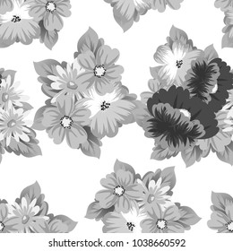 monochrome floral background. Seamless pattern for your designs, greeting cards, greeting cards, invitation cards for wedding, birthday, party, Valentine's day. Vector illustration.