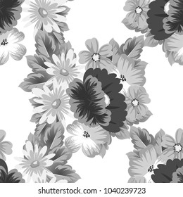 monochrome floral background. Seamless pattern for your designs, greeting cards, greeting cards, invitation cards for wedding, birthday, party, Valentine's day. Vector illustration.