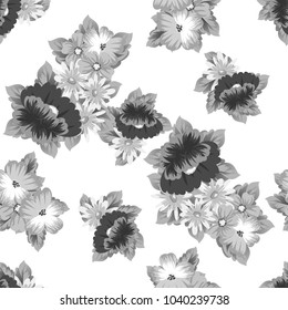 monochrome floral background. Seamless pattern for your designs, greeting cards, greeting cards, invitation cards for wedding, birthday, party, Valentine's day. Vector illustration.