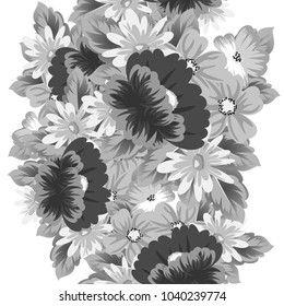 monochrome floral background. Seamless pattern for your designs, greeting cards, greeting cards, invitation cards for wedding, birthday, party, Valentine's day. Vector illustration.