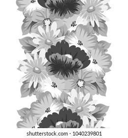 monochrome floral background. Seamless pattern for your designs, greeting cards, greeting cards, invitation cards for wedding, birthday, party, Valentine's day. Vector illustration.