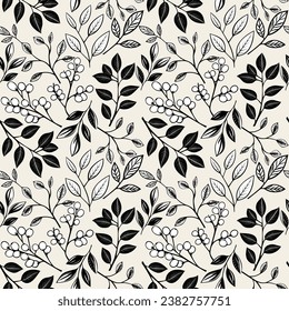 Monochrome floral background. Seamless pattern with leaves and berries. Hand drawn botanical wallpaper