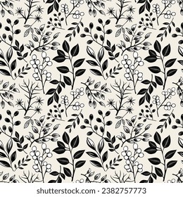 Monochrome floral background. Seamless pattern with leaves and berries. Hand drawn botanical wallpaper
