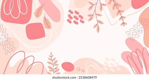 Banner floral monocromático com formas abstratas orgânicas. Composição abstrata divertida em tons de coral e pêssego.