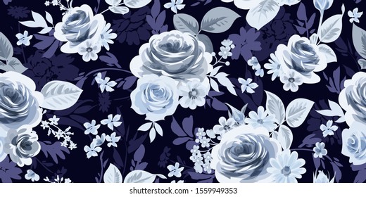 Monochrome floral bunch on digital fashion print for spring,summer dress
