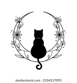 monochrome floral cat moon logo design