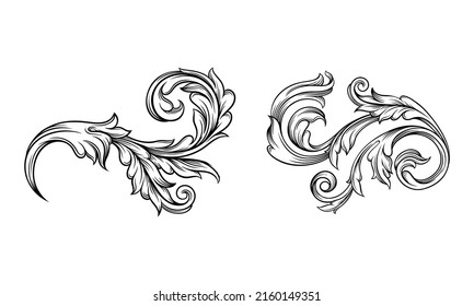 Monochrome floral decor element set. Highly detailed hand drawn leaves vector illustration