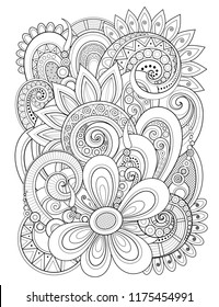 Monochrome Floral Design Element in Doodle Line Style. Decorative Composition with Flowers and Leaves. Elegant Natural Motif. Coloring Book Page. Vector Contour Illustration. Abstract Ornate Art