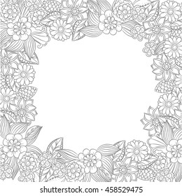 Monochrome floral doodles. Flower pattern in black and white for invitation, wedding card design. Can use for coloring book