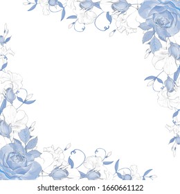 Monochrome floral frame with blue flowers and leaves on white background. Hand drawn. For wedding invitations, greeting cards. Copy space. Vector stock illustration.