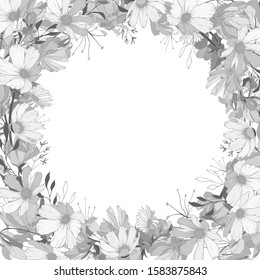 Monochrome floral frame with gray wildflowers on white. Copy space. Hand drawn. Background for wedding invitations, cards, textile, posters, web page. Vintage style. Vector stock illustration.
