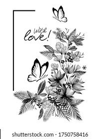 Monochrome floral graceful vertical abstraction. With love. Vector illustration