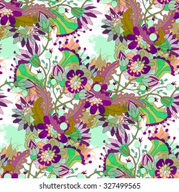 Monochrome  floral gray pattern on black background. Hand drawn seamless pattern.  Fantasy floral motives