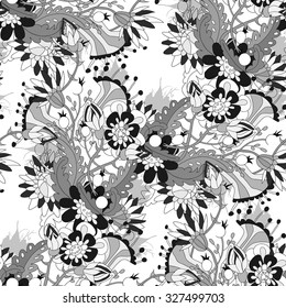 Monochrome  floral gray pattern on black background. Hand drawn seamless pattern.  Fantasy floral motives