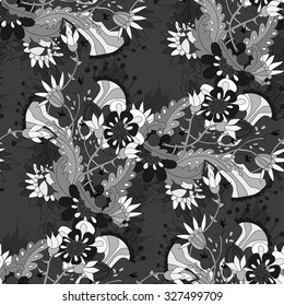 Monochrome  floral gray pattern on black background. Hand drawn seamless pattern.  Fantasy floral motives