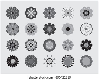Monochrome floral icon set of 20 silhouette flowers Isolated on white background. Stylized summer or spring flowers, floral design elements. Vector illustration