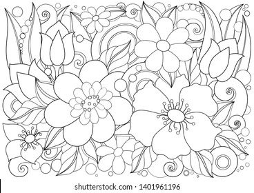 Monochrome Floral Illustration in Doodle Style. Decorative Composition with Flowers, Leaves and Swirls. Elegant Natural Motif. Simple Coloring Book Page. Vector Contour Art. Abstract Design Element
