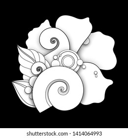 Monochrome Floral Illustration in Doodle Style. Decorative Composition with Flowers, Leaves and Swirls. Elegant Natural Motif. Coloring Book Page. Vector Contour 3d Art. Abstract Design Element
